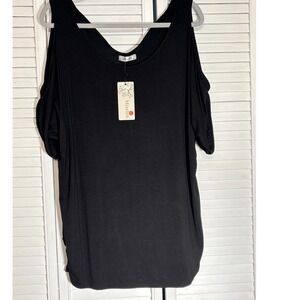 Miselon Womens XL Black Cold Shoulder Top Keyhole Back Short Sleeve Blouse NWT